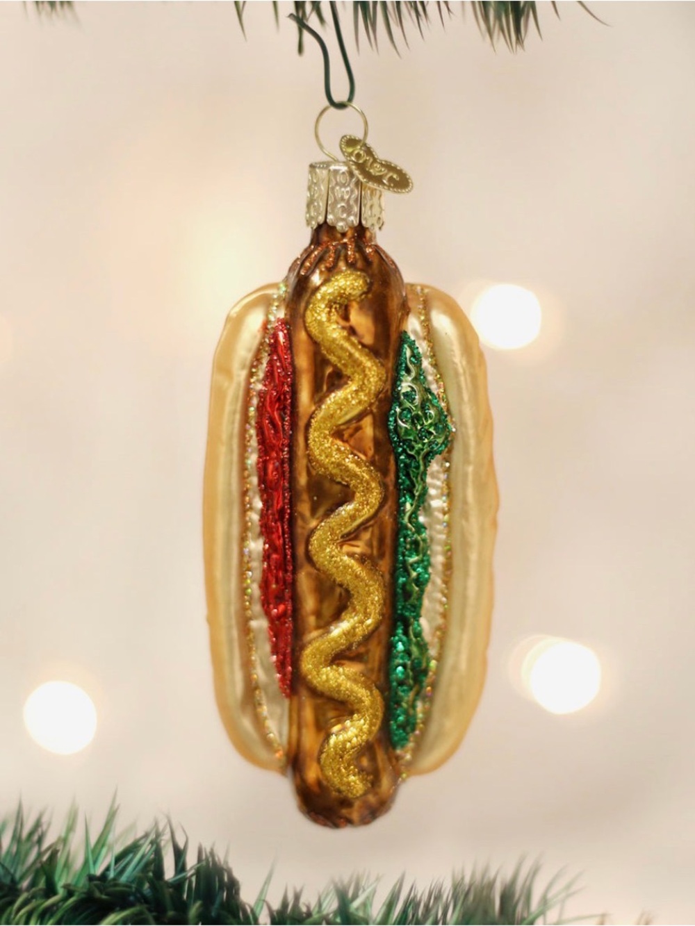 Glass Hot Dog Holiday Ornament in Gold, Red, Green